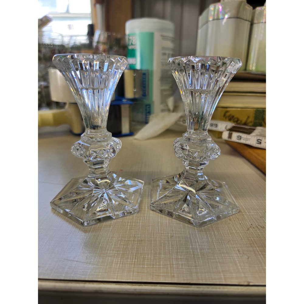 Waterford Crystal Lismore 5 Inch Candlestick Holders Set of 2 Hexagonal Base